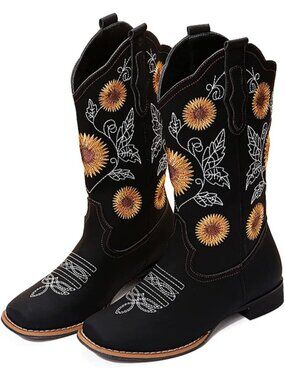 Sunflower Embroidered Black Women's Heeled Cowboy Boots
